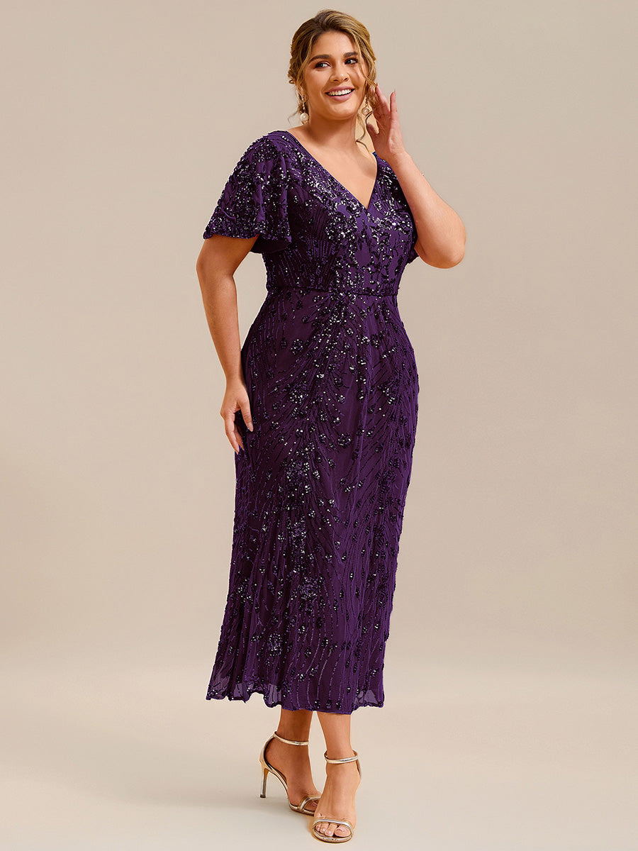 Maxi Und Knöchellange Tiefe V-Ausschnitt Meerjungfrau Pailletten Kleid Atemberaubende Eleganz Kleid #Farbe_Dunkelviolett