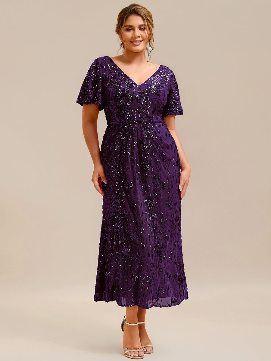 Maxi Und Knöchellange Tiefe V-Ausschnitt Meerjungfrau Pailletten Kleid Atemberaubende Eleganz Kleid #Farbe_Dunkelviolett