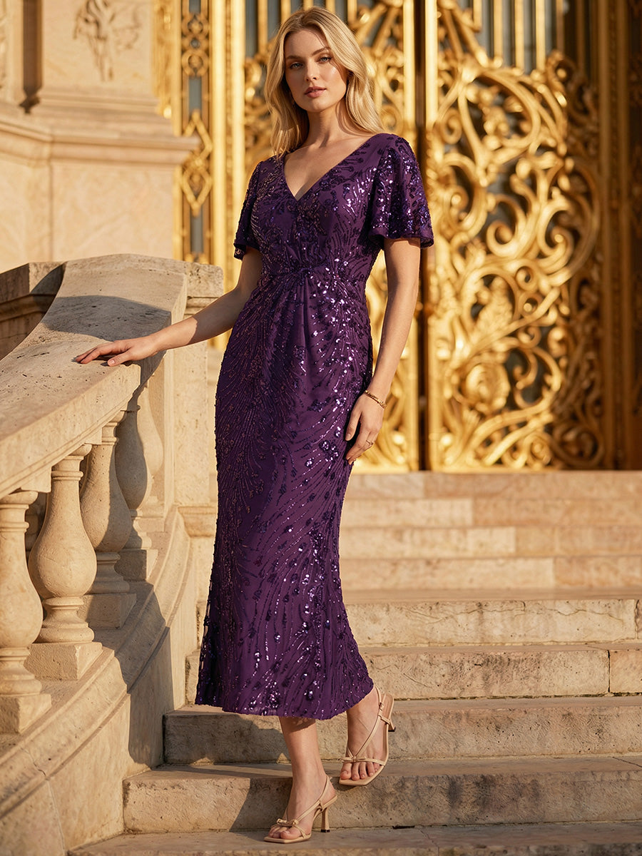 Maxi Und Knöchellange Tiefe V-Ausschnitt Meerjungfrau Pailletten Kleid Atemberaubende Eleganz Kleid #Farbe_Dunkelviolett