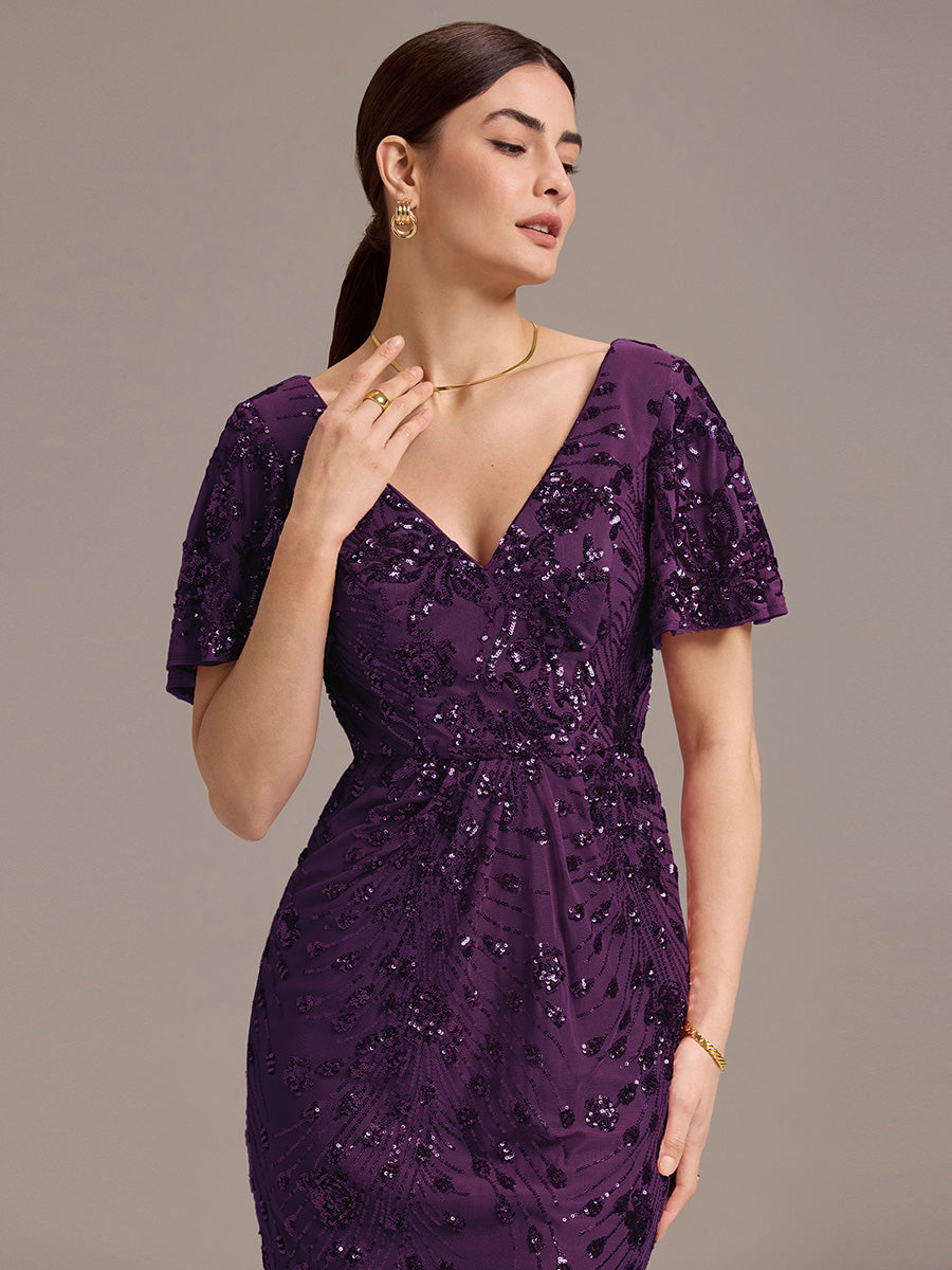 Maxi Und Knöchellange Tiefe V-Ausschnitt Meerjungfrau Pailletten Kleid Atemberaubende Eleganz Kleid #Farbe_Dunkelviolett