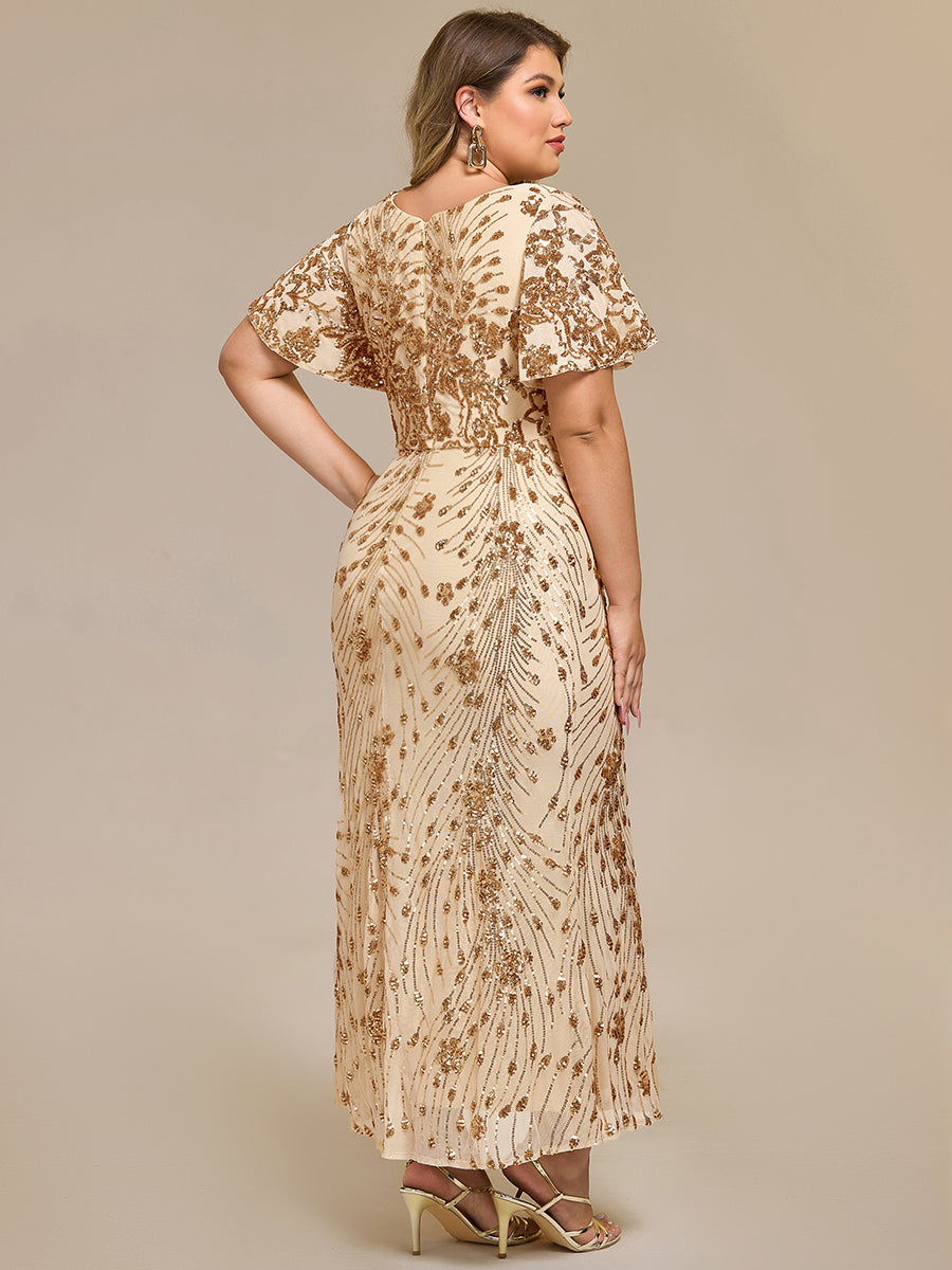 Maxi Und Knöchellange Tiefe V-Ausschnitt Meerjungfrau Pailletten Kleid Atemberaubende Eleganz Kleid #Farbe_Gold
