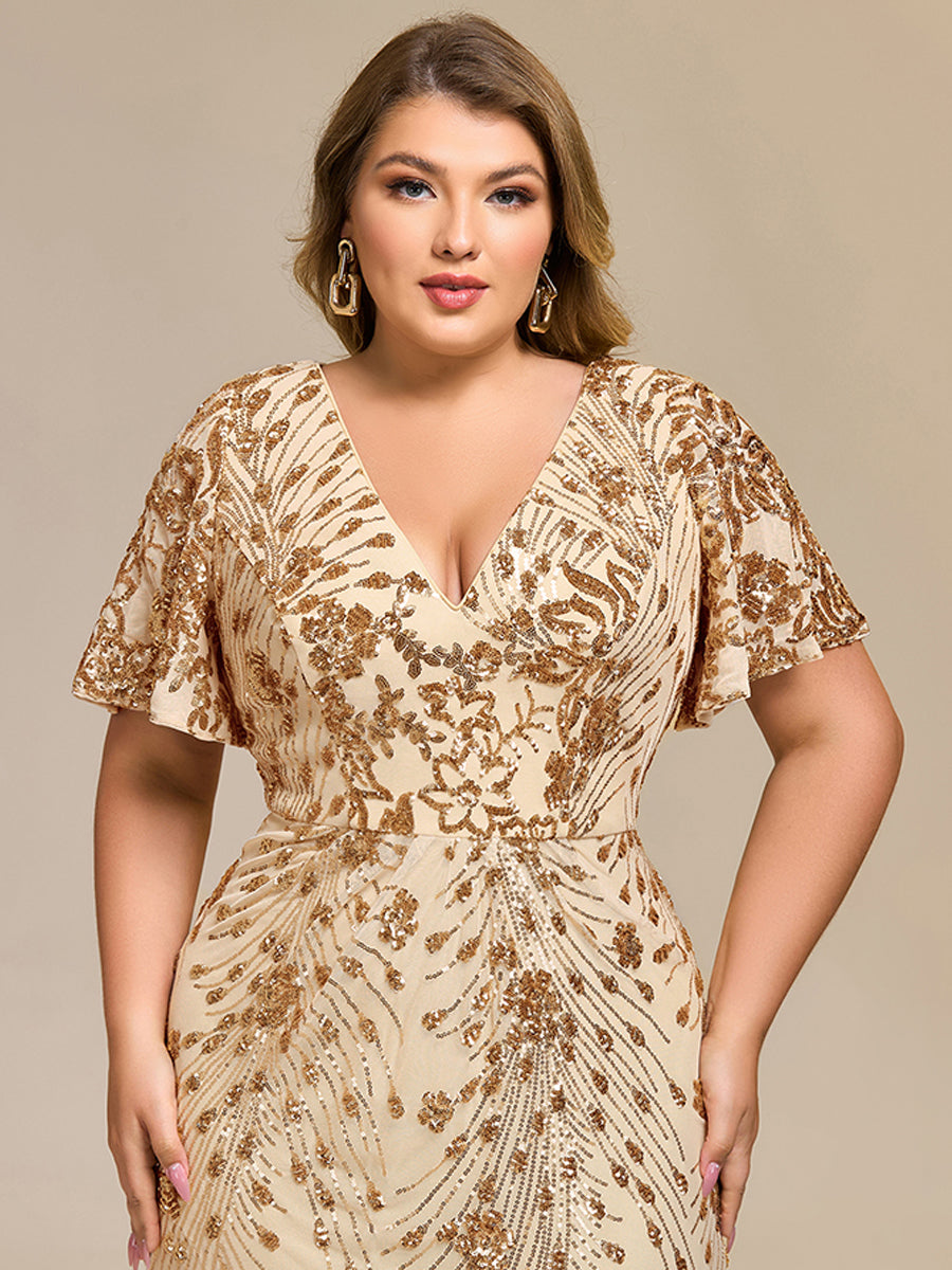 Maxi Und Knöchellange Tiefe V-Ausschnitt Meerjungfrau Pailletten Kleid Atemberaubende Eleganz Kleid #Farbe_Gold