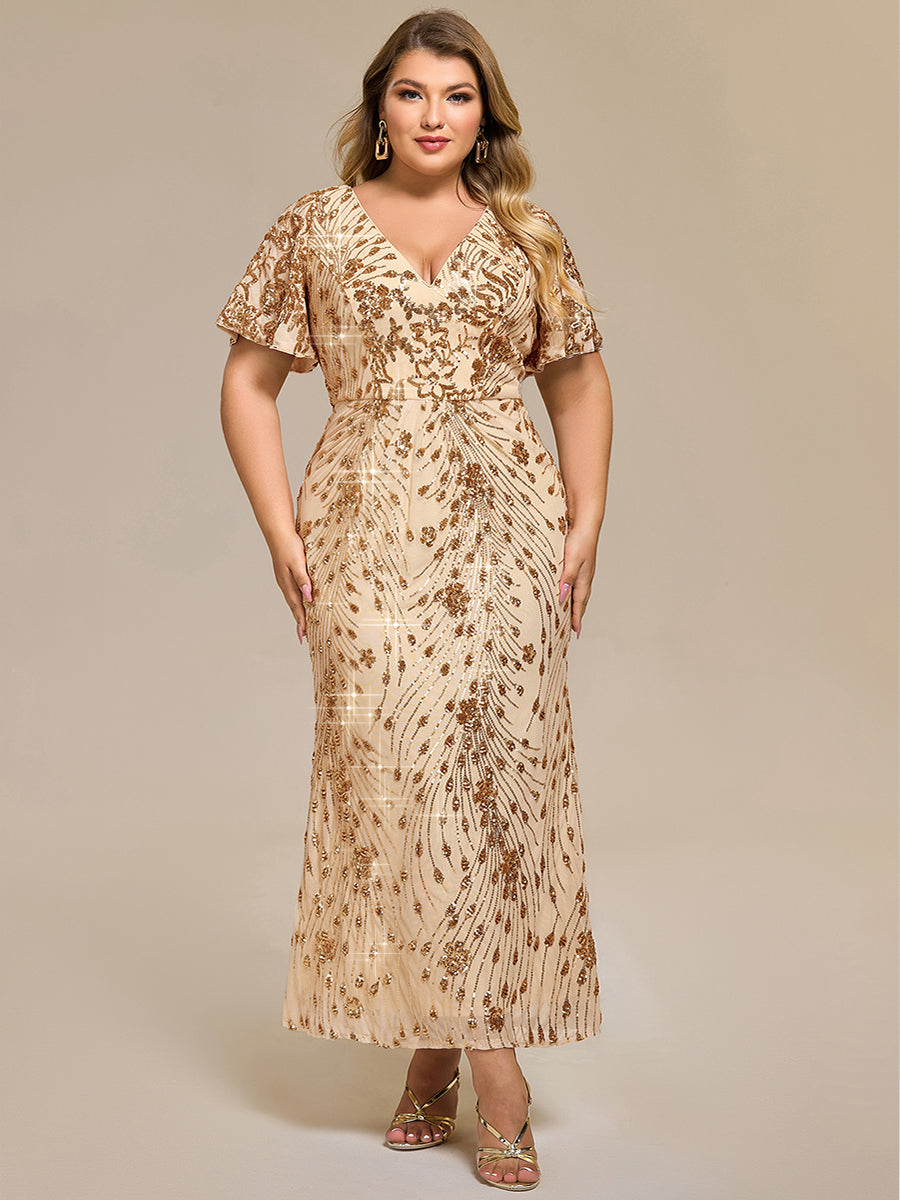 Maxi Und Knöchellange Tiefe V-Ausschnitt Meerjungfrau Pailletten Kleid Atemberaubende Eleganz Kleid #Farbe_Gold