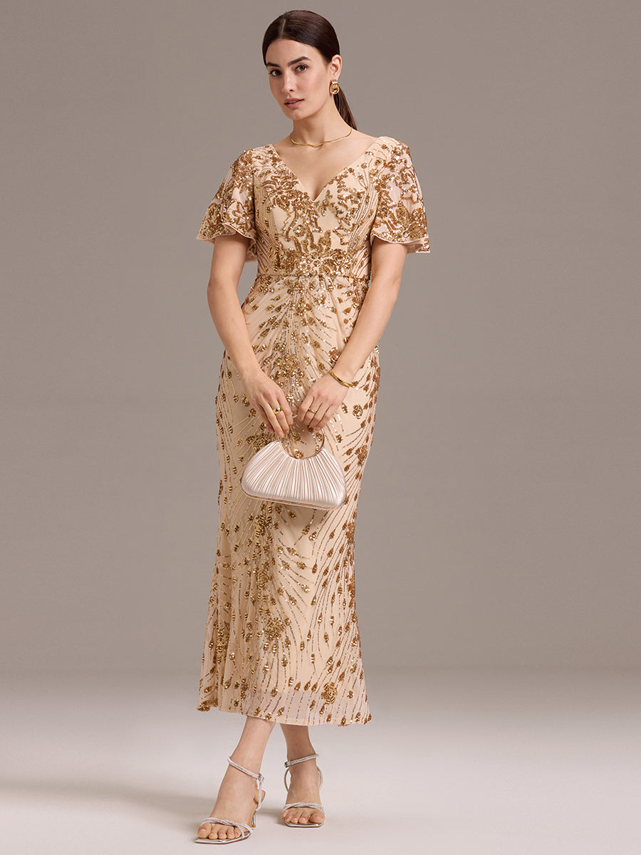 Maxi Und Knöchellange Tiefe V-Ausschnitt Meerjungfrau Pailletten Kleid Atemberaubende Eleganz Kleid #Farbe_Gold
