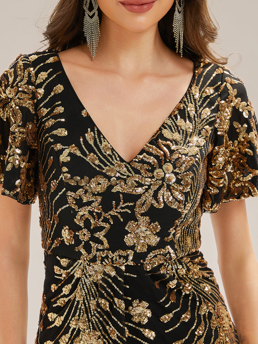 Maxi Und Knöchellange Tiefe V-Ausschnitt Meerjungfrau Pailletten Kleid Atemberaubende Eleganz Kleid #Farbe_Schwarz & Gold