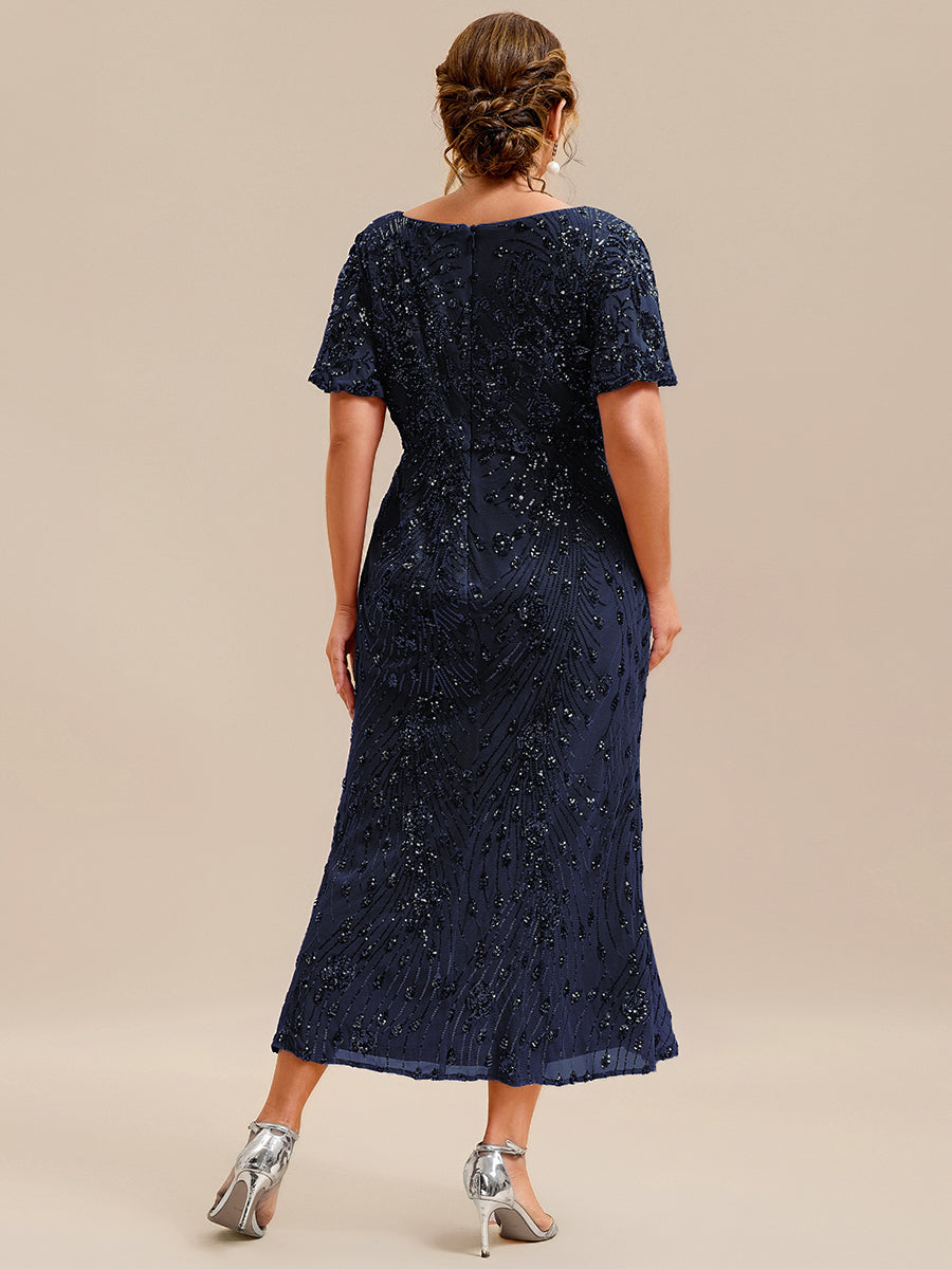 Maxi Und Knöchellange Tiefe V-Ausschnitt Meerjungfrau Pailletten Kleid Atemberaubende Eleganz Kleid #Farbe_Marineblau