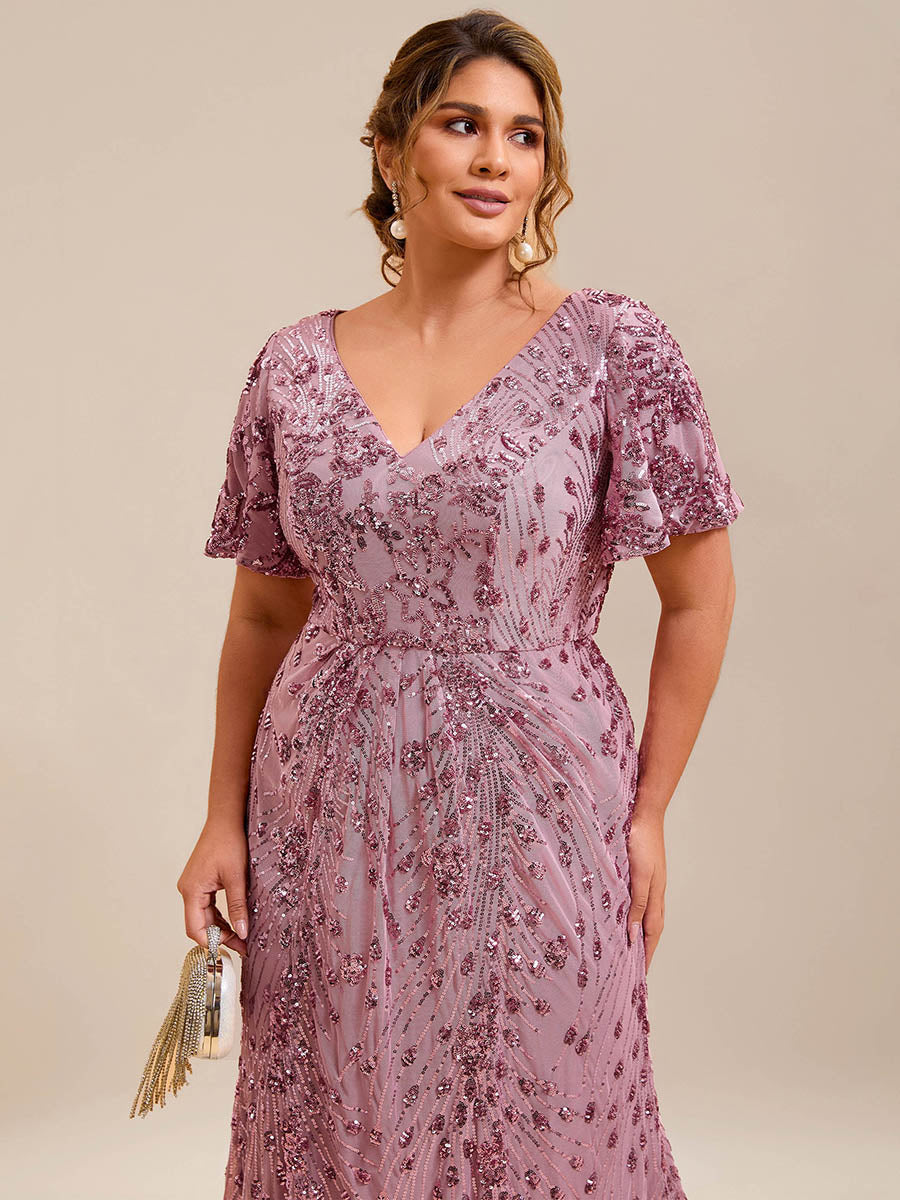 Maxi Und Knöchellange Tiefe V-Ausschnitt Meerjungfrau Pailletten Kleid Atemberaubende Eleganz Kleid #Farbe_Orchideenviolett