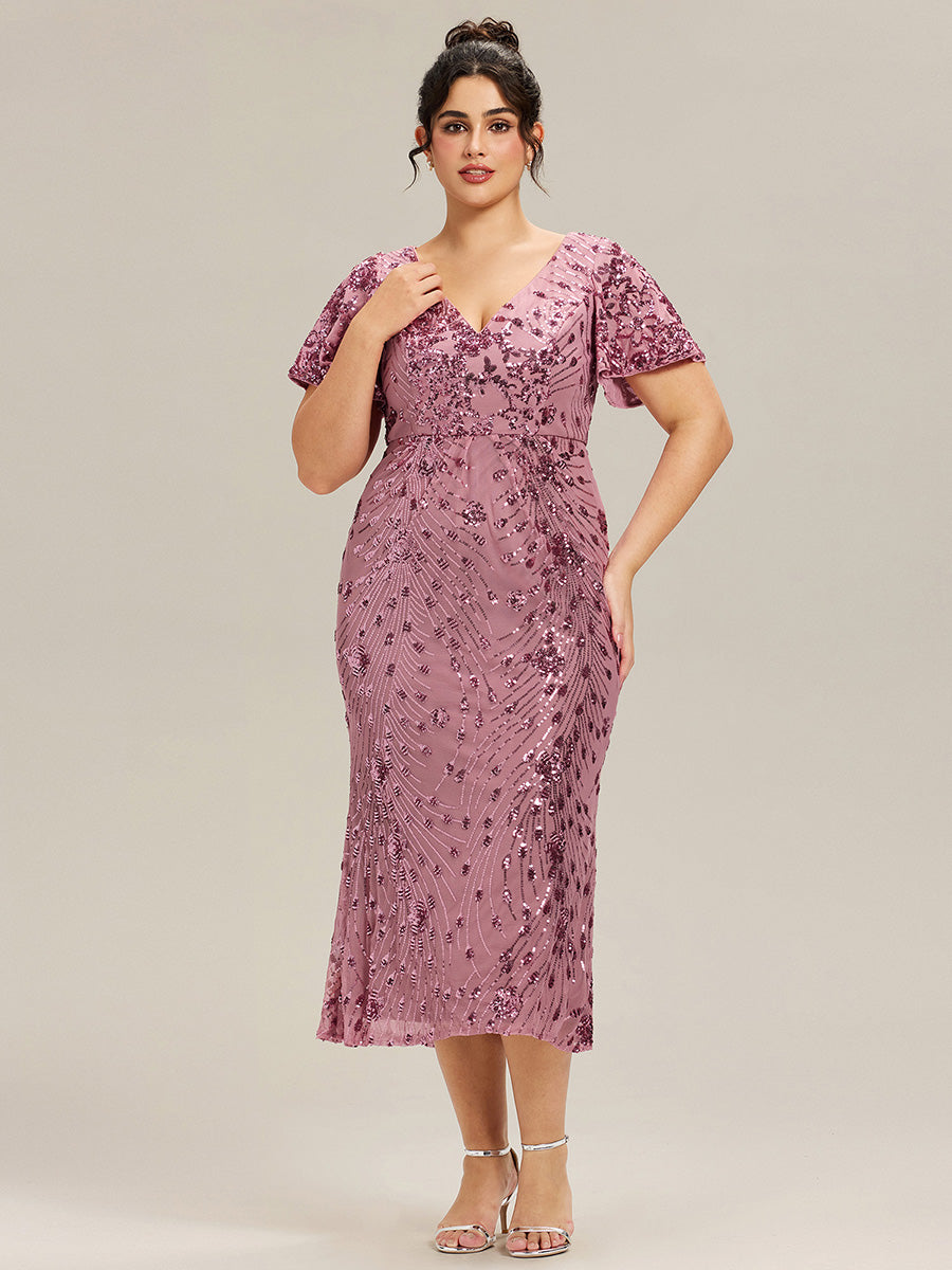 Maxi Und Knöchellange Tiefe V-Ausschnitt Meerjungfrau Pailletten Kleid Atemberaubende Eleganz Kleid #Farbe_Orchideenviolett