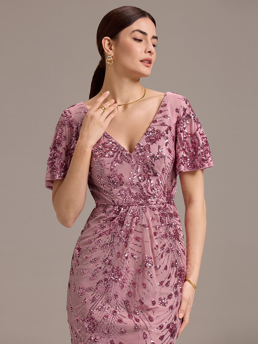 Maxi Und Knöchellange Tiefe V-Ausschnitt Meerjungfrau Pailletten Kleid Atemberaubende Eleganz Kleid #Farbe_Orchideenviolett