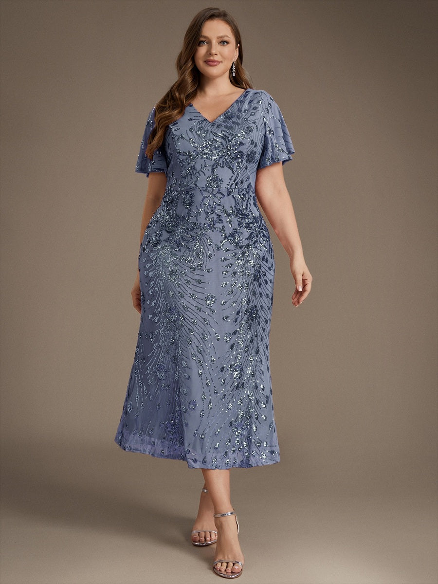 Maxi Und Knöchellange Tiefe V-Ausschnitt Meerjungfrau Pailletten Kleid Atemberaubende Eleganz Kleid #Farbe_Taubenblau