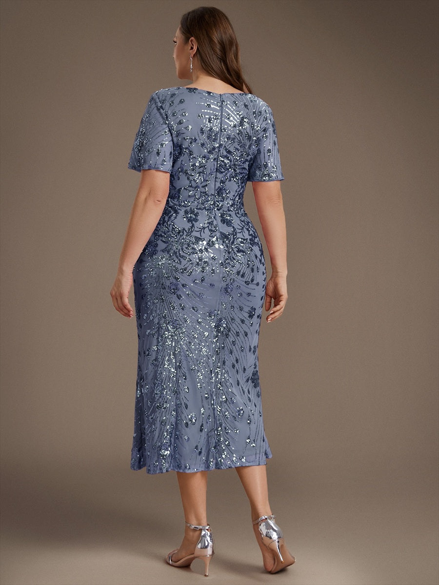 Maxi Und Knöchellange Tiefe V-Ausschnitt Meerjungfrau Pailletten Kleid Atemberaubende Eleganz Kleid #Farbe_Taubenblau