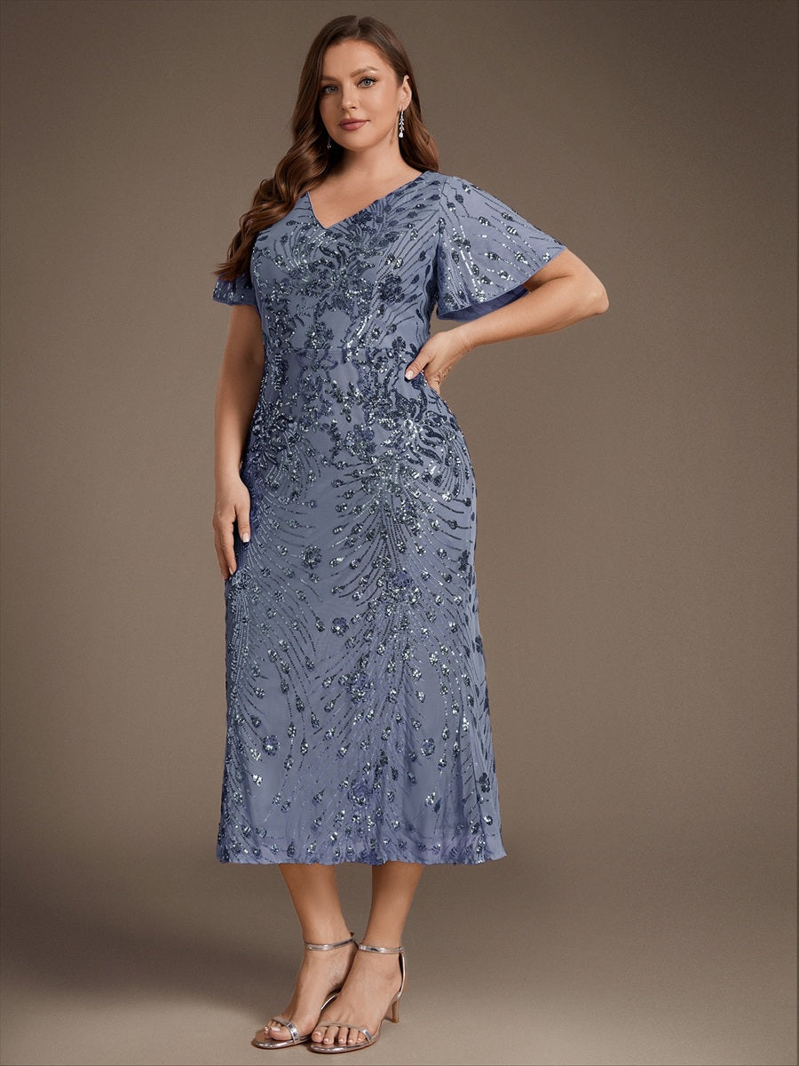 Maxi Und Knöchellange Tiefe V-Ausschnitt Meerjungfrau Pailletten Kleid Atemberaubende Eleganz Kleid #Farbe_Taubenblau