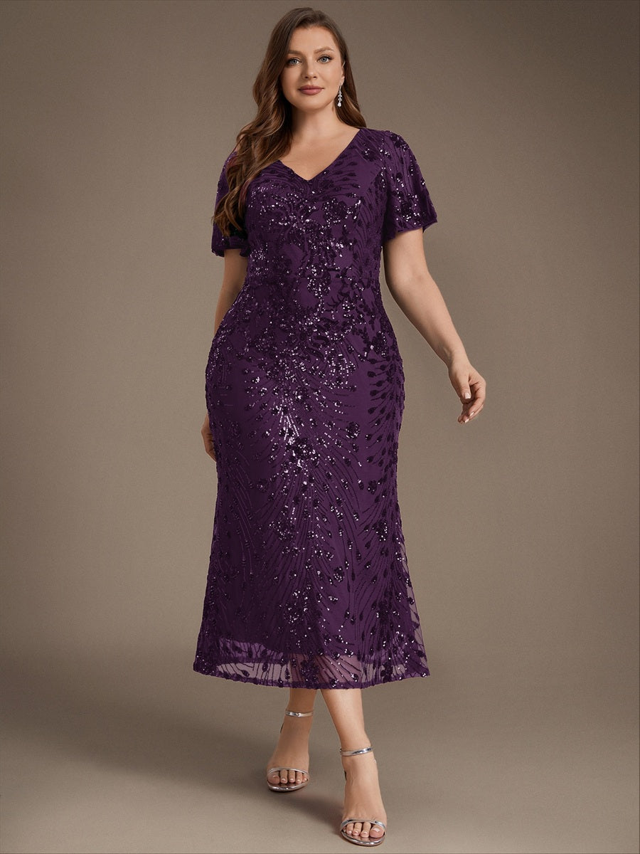 Maxi Und Knöchellange Tiefe V-Ausschnitt Meerjungfrau Pailletten Kleid Atemberaubende Eleganz Kleid #Farbe_Dunkelviolett