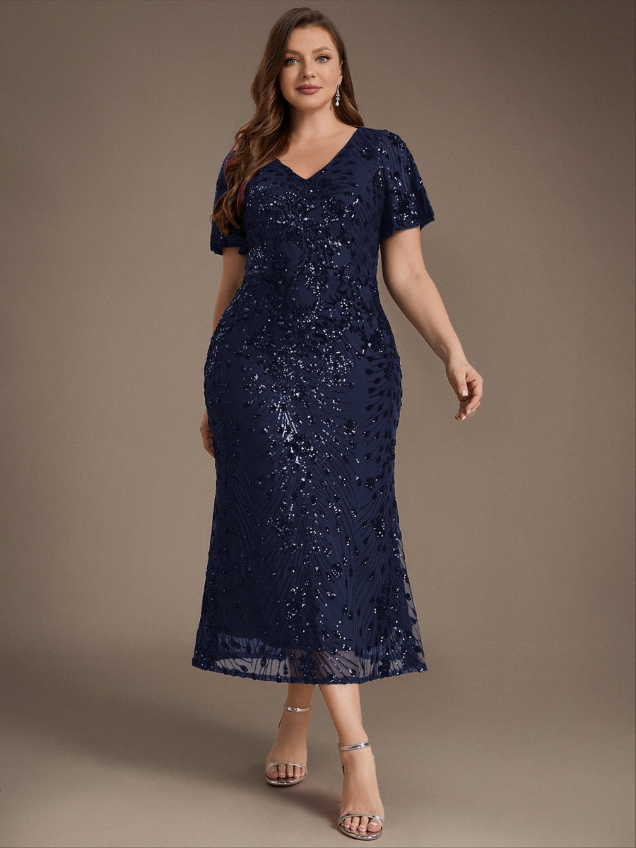 Maxi Und Knöchellange Tiefe V-Ausschnitt Meerjungfrau Pailletten Kleid Atemberaubende Eleganz Kleid #Farbe_Marineblau