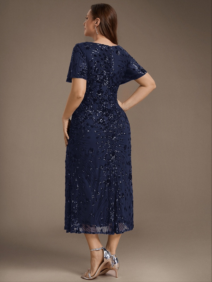 Maxi Und Knöchellange Tiefe V-Ausschnitt Meerjungfrau Pailletten Kleid Atemberaubende Eleganz Kleid #Farbe_Marineblau