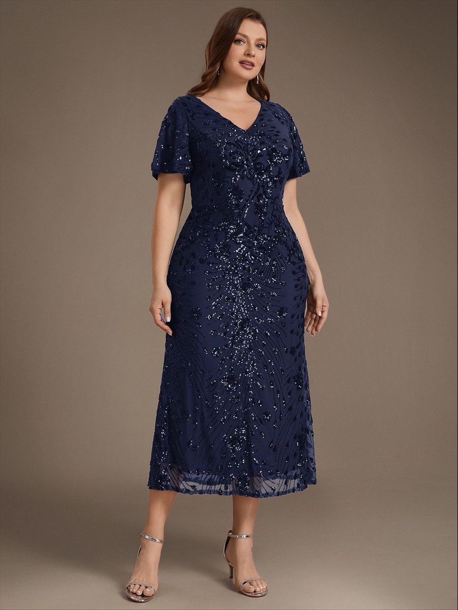 Maxi Und Knöchellange Tiefe V-Ausschnitt Meerjungfrau Pailletten Kleid Atemberaubende Eleganz Kleid #Farbe_Marineblau