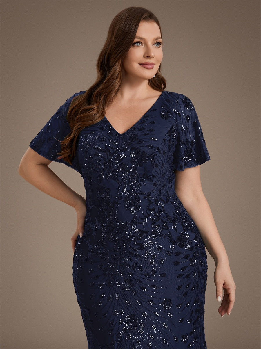 Maxi Und Knöchellange Tiefe V-Ausschnitt Meerjungfrau Pailletten Kleid Atemberaubende Eleganz Kleid #Farbe_Marineblau