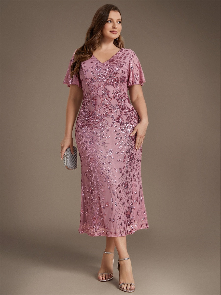 Maxi Und Knöchellange Tiefe V-Ausschnitt Meerjungfrau Pailletten Kleid Atemberaubende Eleganz Kleid #Farbe_Orchideenviolett