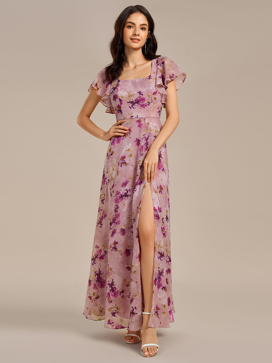 Bodenlanger A-Linien Chiffon Kleid Mit Quadratischem Ausschnitt Bindeband Vorne Und Rückenfreiem Design #Farbe_Helllila mit Print