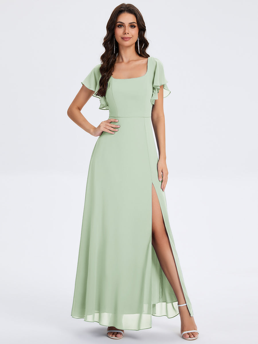 Bodenlanger A-Linien Chiffon Kleid Mit Quadratischem Ausschnitt Bindeband Vorne Und Rückenfreiem Design #Farbe_Mintgrün