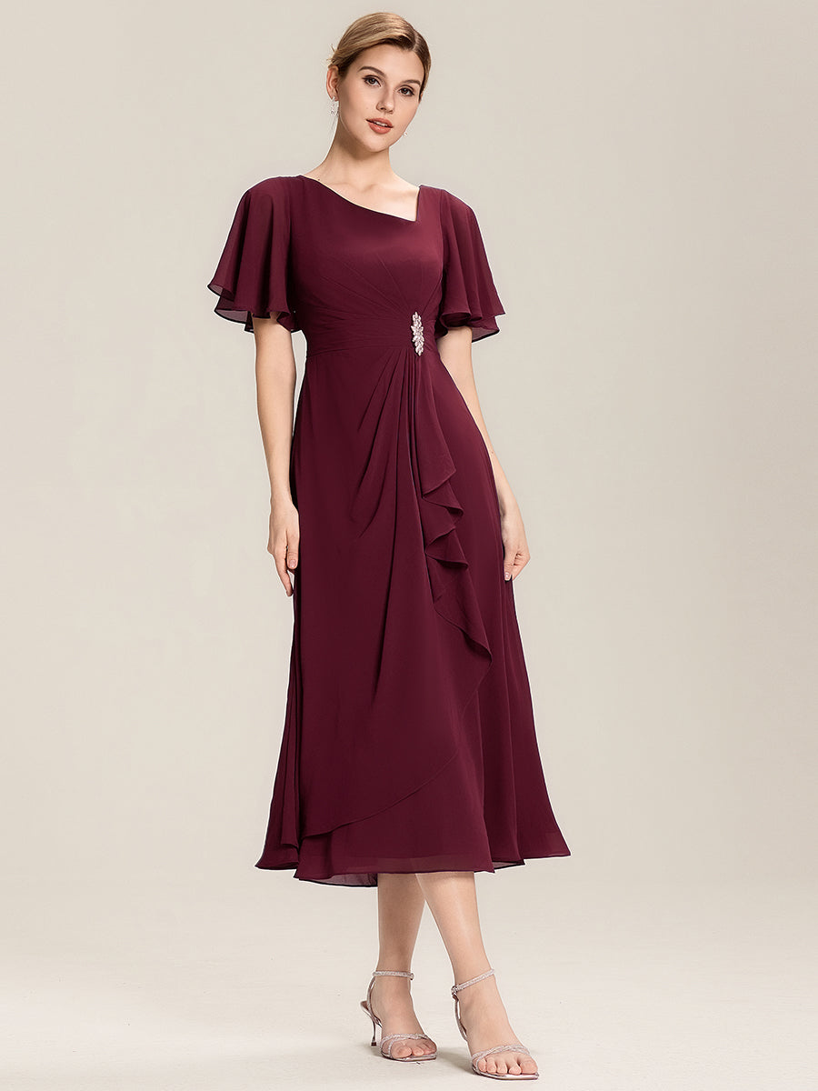 Abendkleid mit Volantärmeln und Strass-Details aus Chiffon abendkleid #Farbe_Burgunderrot