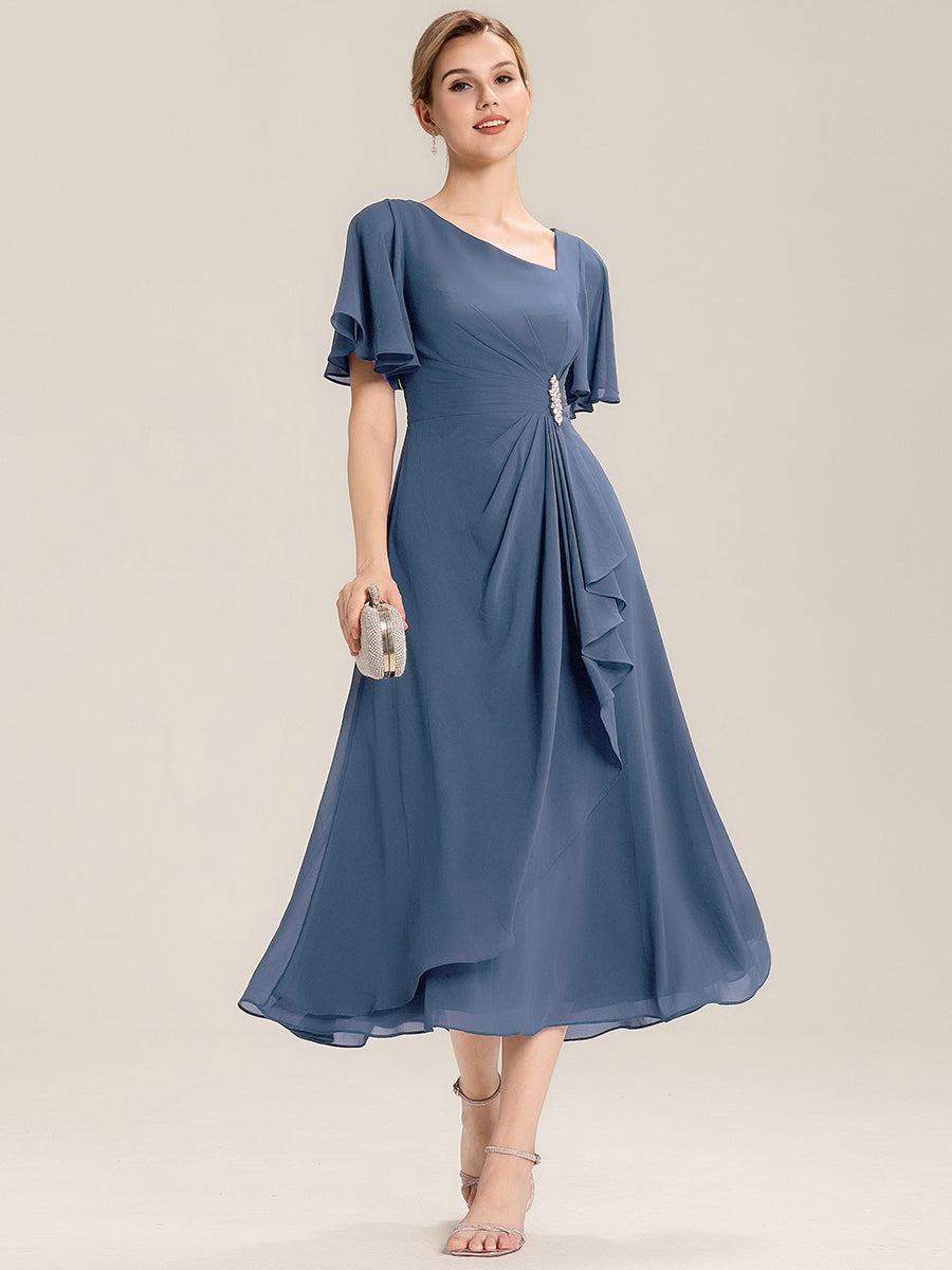Abendkleid mit Volantärmeln und Strass-Details aus Chiffon abendkleid #Farbe_Taubenblau