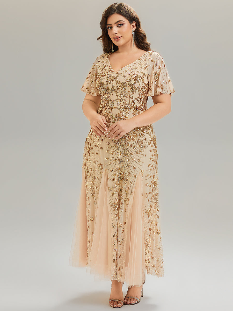 Maxi Knöchellanges V-Ausschnitt A-Linie Paillettenkleid Mit Besticktem Patchwork Kleid #Farbe_Gold