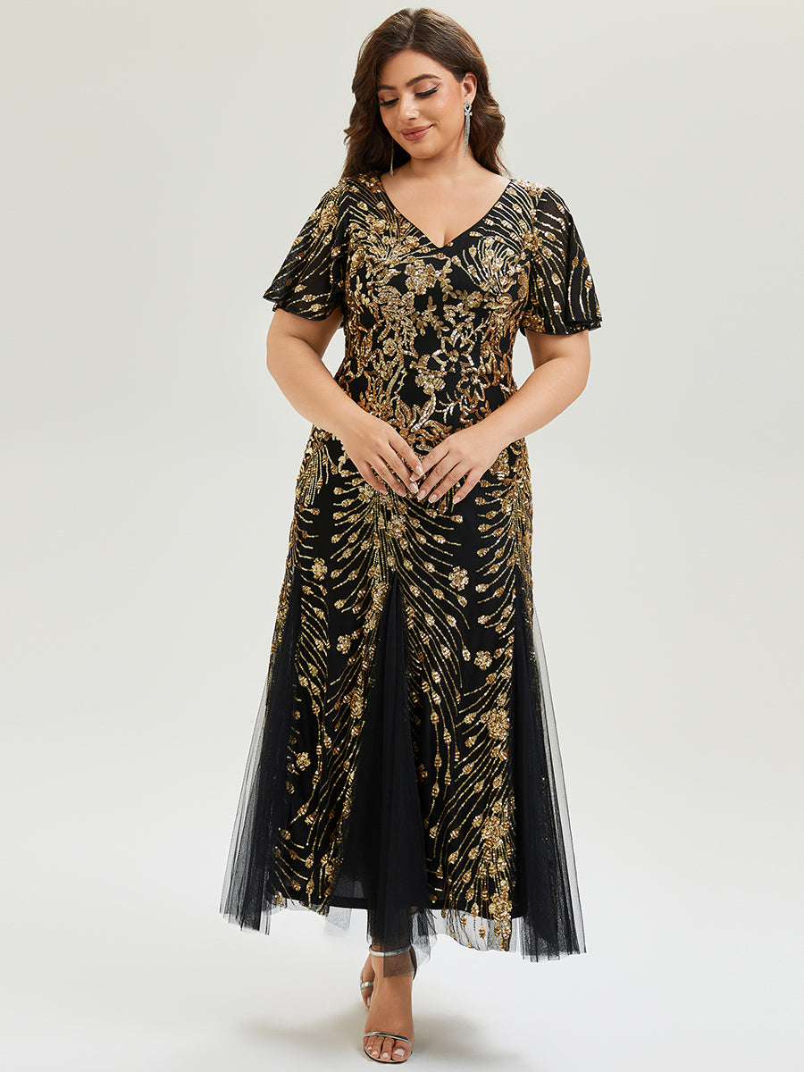 Maxi Knöchellanges V-Ausschnitt A-Linie Paillettenkleid Mit Besticktem Patchwork Kleid #Farbe_Schwarz & Gold