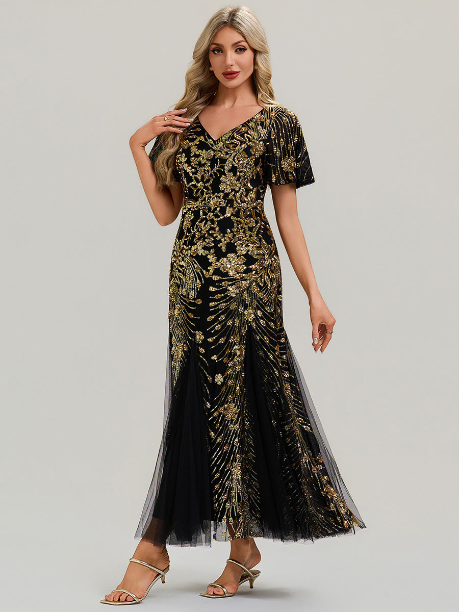 Maxi Knöchellanges V-Ausschnitt A-Linie Paillettenkleid Mit Besticktem Patchwork Kleid #Farbe_Schwarz & Gold