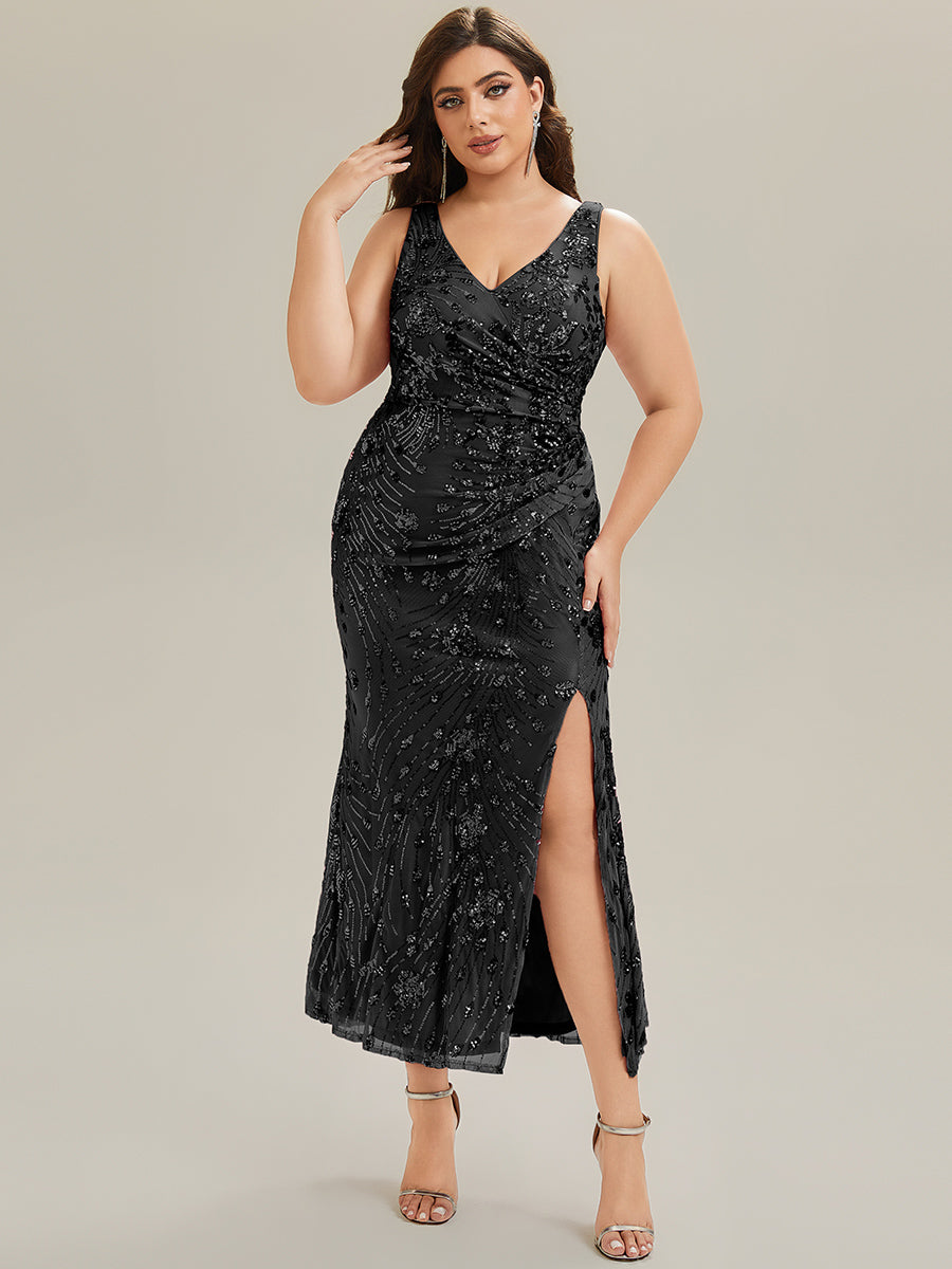 Maxi Und Knöchellanges V-Ausschnitt Meerjungfrau Pailletten Kleid Mit Knoten Detail Und Tiefem V-Ausschnitt #Farbe_Schwarz