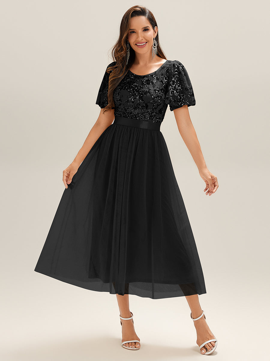 Midi Länge Pailletten Meerjungfrau Kleid Mit Tiefem V-Ausschnitt Elegantes Tee Länge Kleid #Farbe_Schwarz