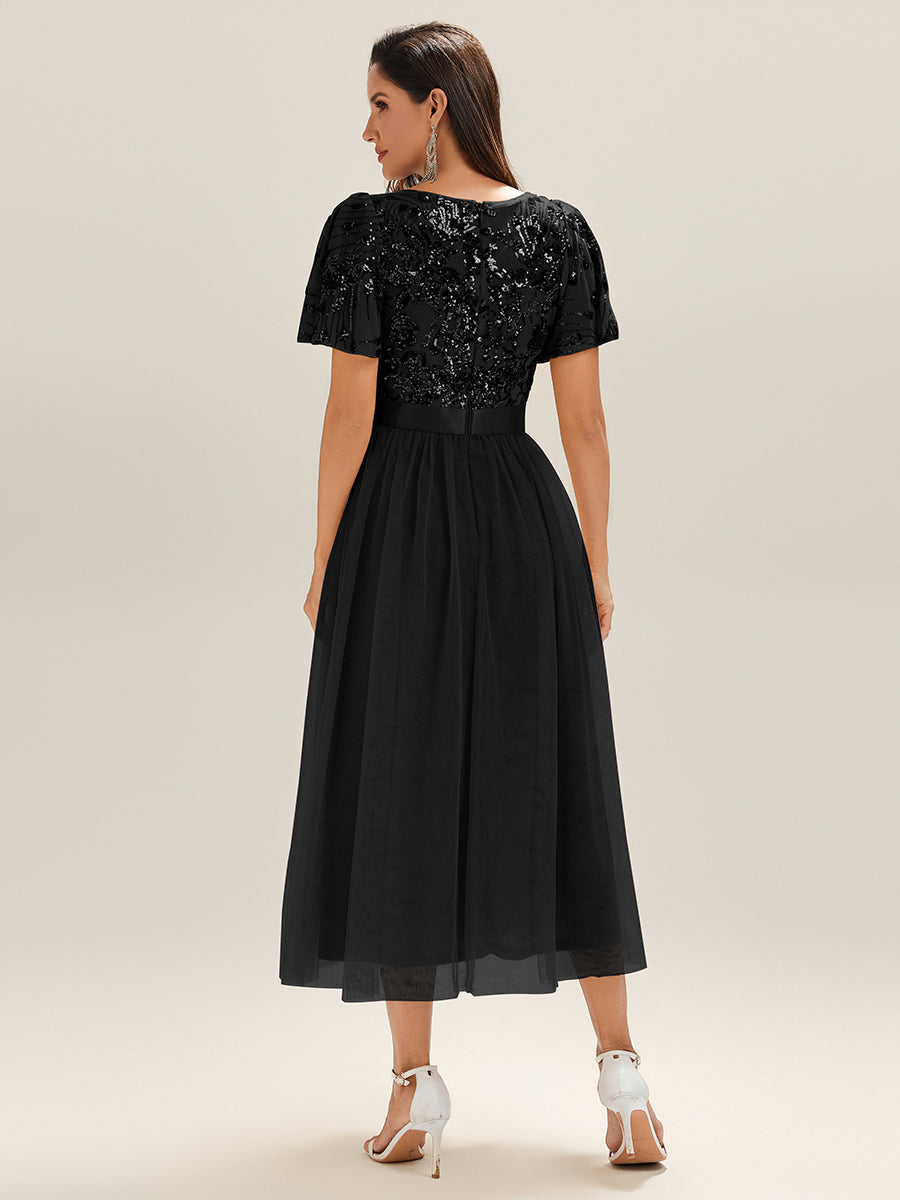 Midi Länge Pailletten Meerjungfrau Kleid Mit Tiefem V-Ausschnitt Elegantes Tee Länge Kleid #Farbe_Schwarz