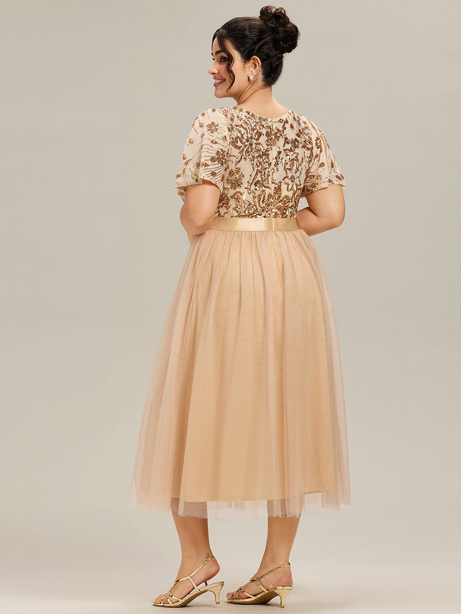 Midi Länge Pailletten Meerjungfrau Kleid Mit Tiefem V-Ausschnitt Elegantes Tee Länge Kleid #Farbe_Gold