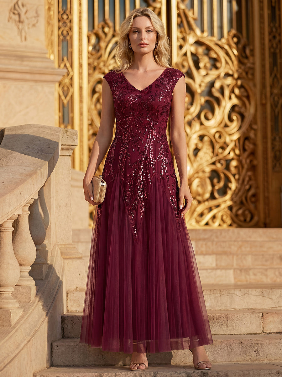 Bodenlanger V-Ausschnitt A-Linie Pailletten Kleid Mit Besticktem Blumenmuster #Farbe_Burgunderrot