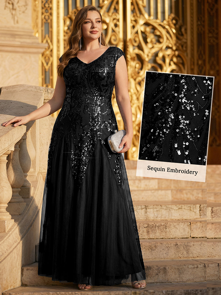 Bodenlanger V-Ausschnitt A-Linie Pailletten Kleid Mit Besticktem Blumenmuster #Farbe_Schwarz