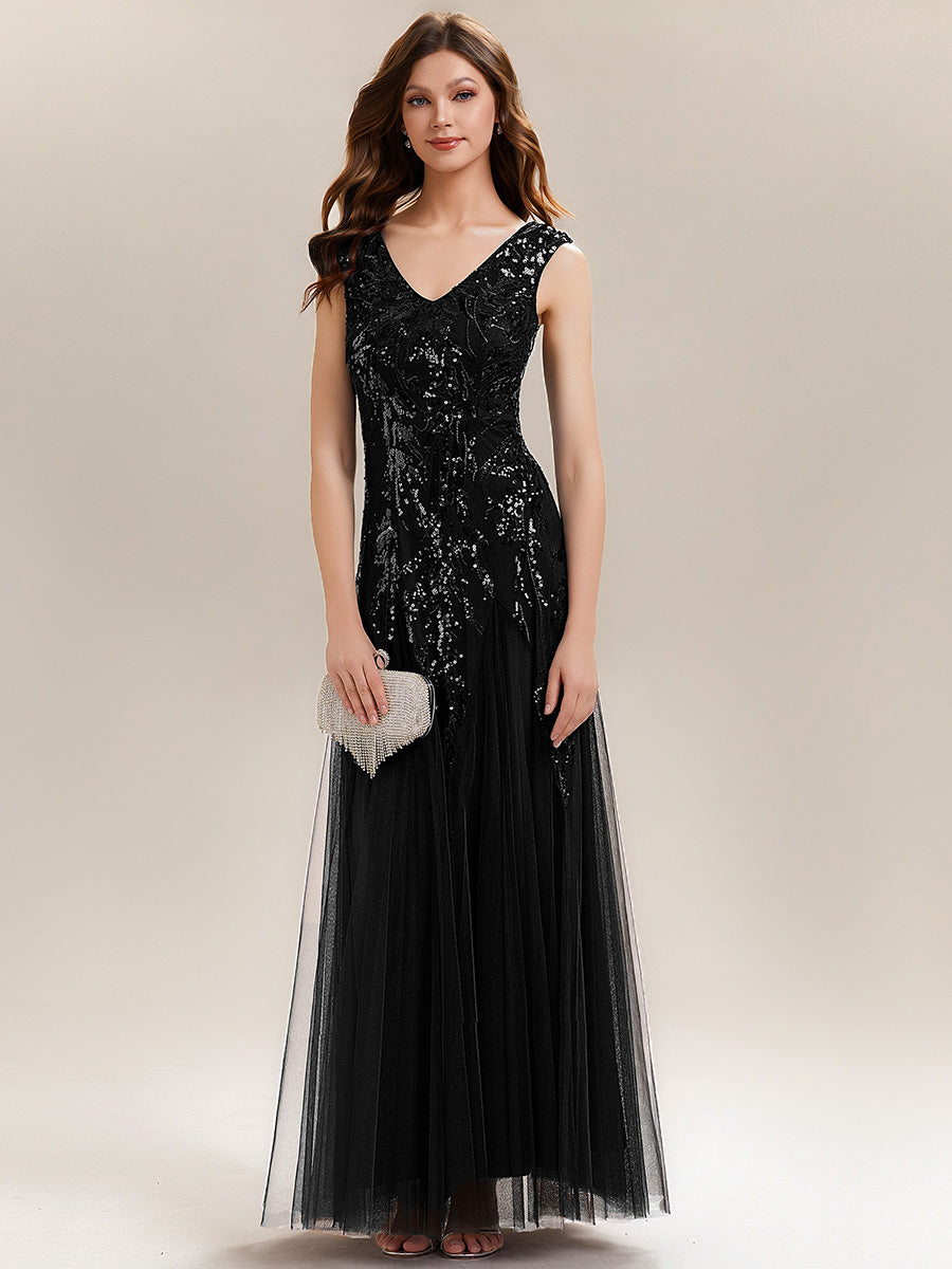 Bodenlanger V-Ausschnitt A-Linie Pailletten Kleid Mit Besticktem Blumenmuster #Farbe_Schwarz