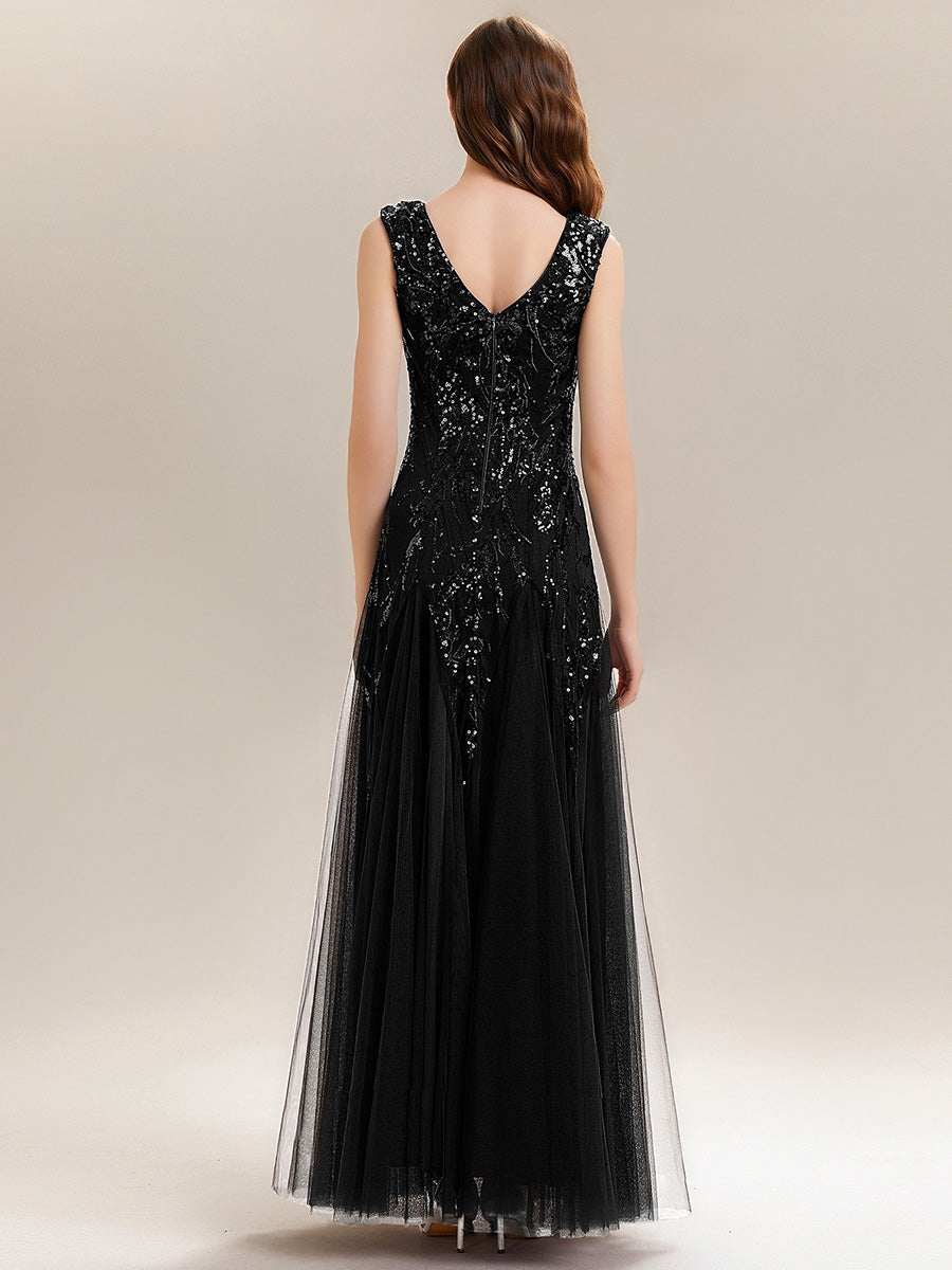 Bodenlanger V-Ausschnitt A-Linie Pailletten Kleid Mit Besticktem Blumenmuster #Farbe_Schwarz