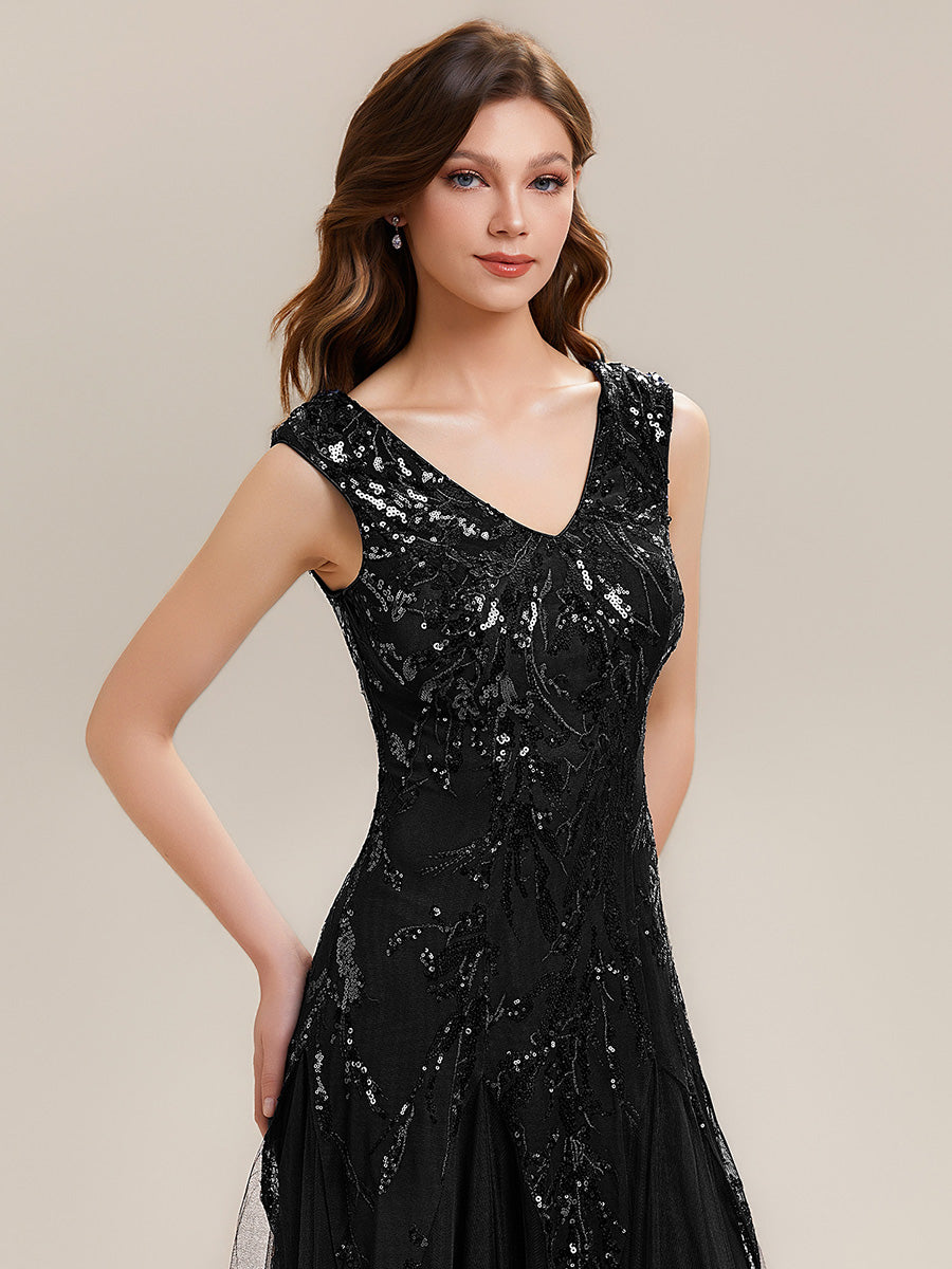 Bodenlanger V-Ausschnitt A-Linie Pailletten Kleid Mit Besticktem Blumenmuster #Farbe_Schwarz