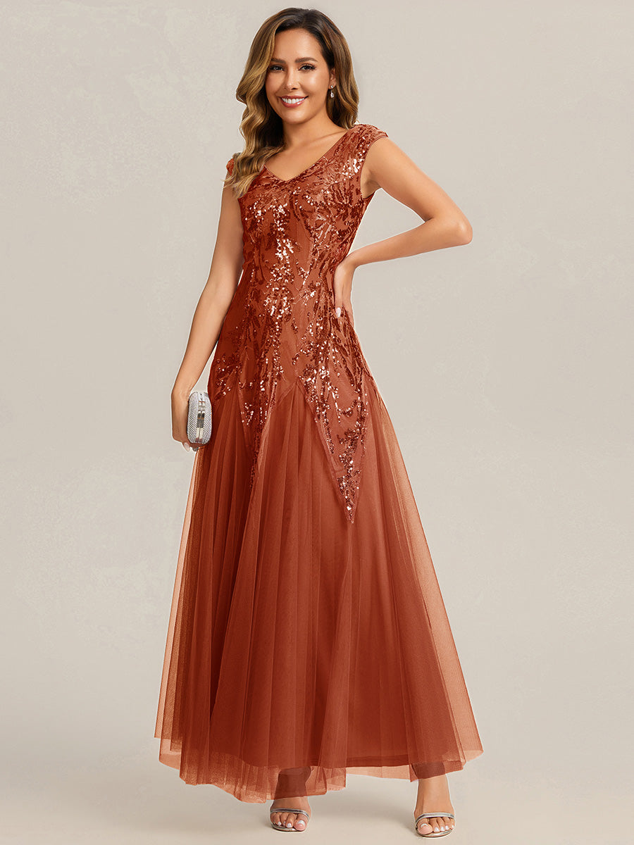 Bodenlanger V-Ausschnitt A-Linie Pailletten Kleid Mit Besticktem Blumenmuster #Farbe_Gebranntes Orange