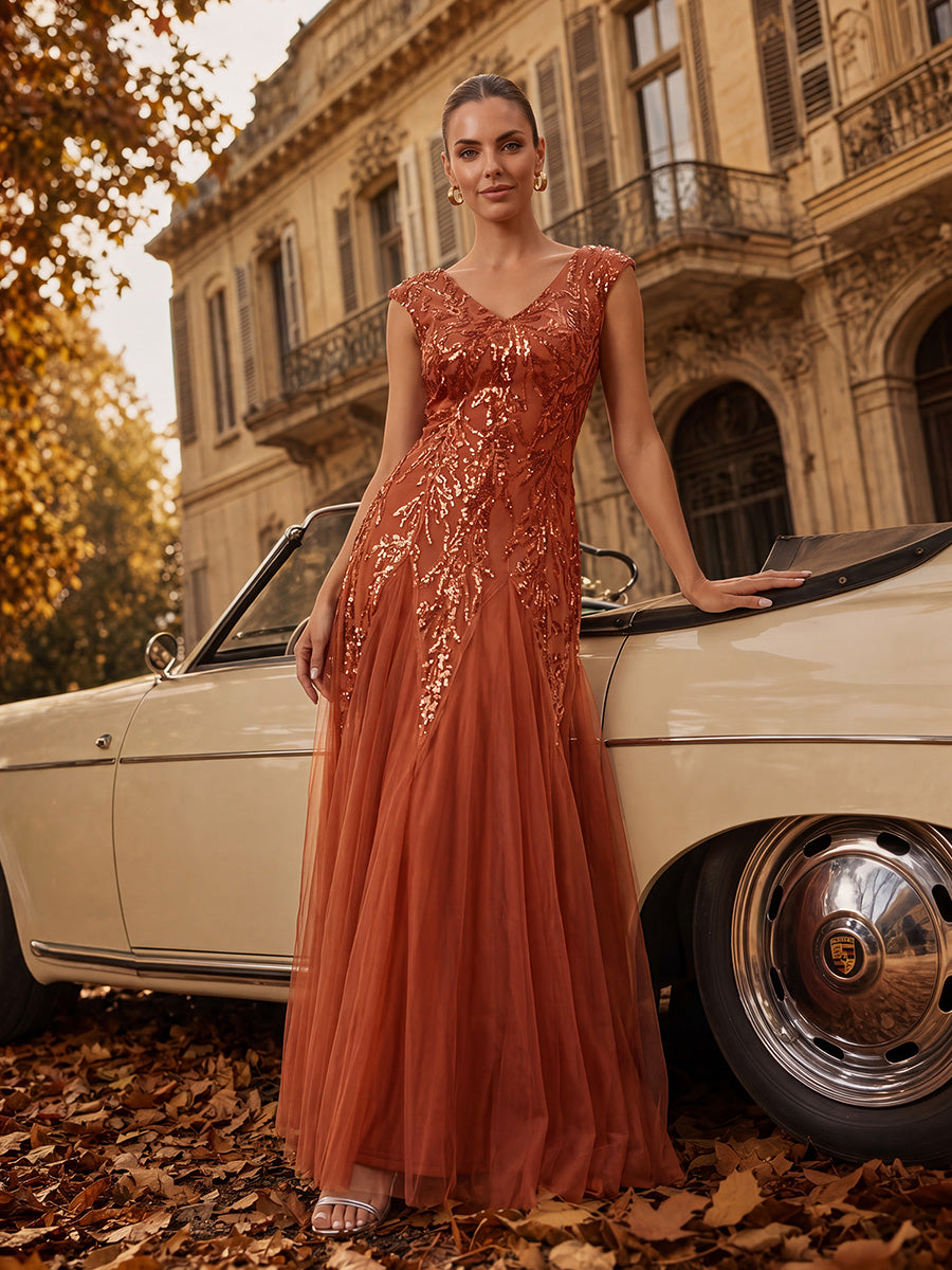 Bodenlanger V-Ausschnitt A-Linie Pailletten Kleid Mit Besticktem Blumenmuster #Farbe_Gebranntes Orange
