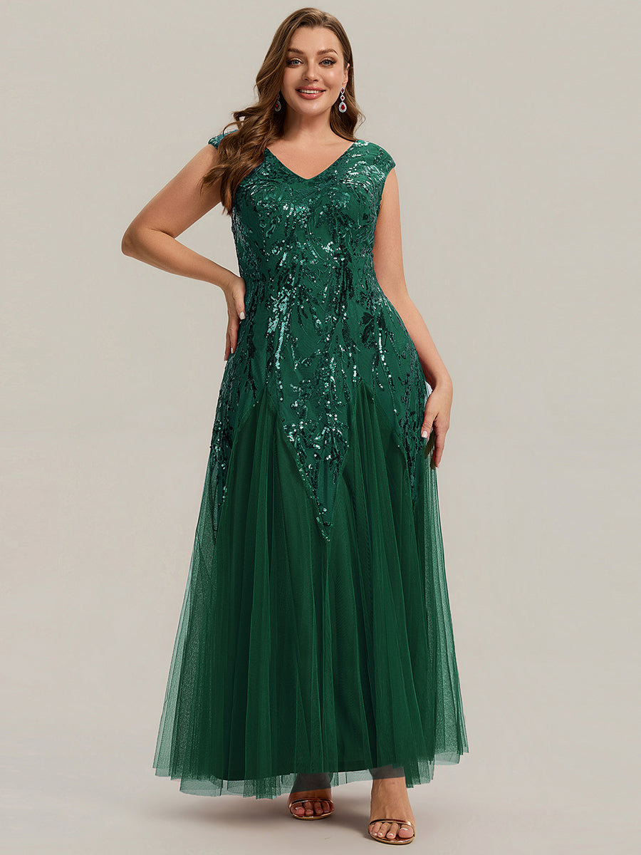 Bodenlanger V-Ausschnitt A-Linie Pailletten Kleid Mit Besticktem Blumenmuster #Farbe_Dunkelgrün