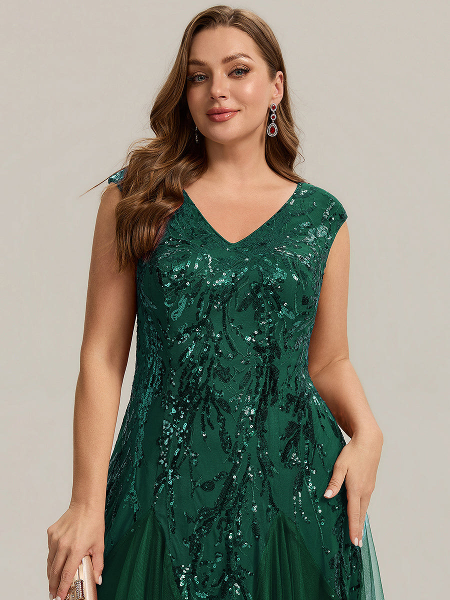 Bodenlanger V-Ausschnitt A-Linie Pailletten Kleid Mit Besticktem Blumenmuster #Farbe_Dunkelgrün