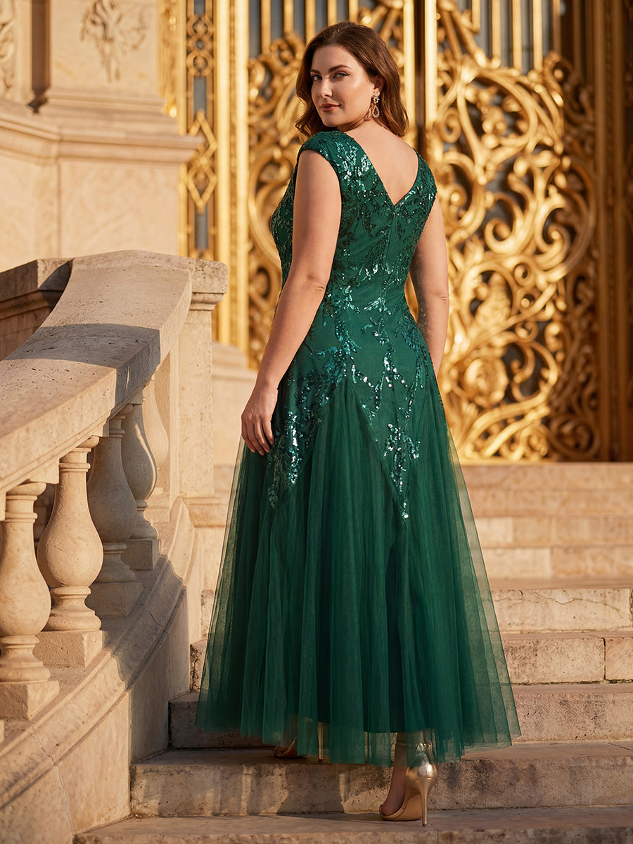 Bodenlanger V-Ausschnitt A-Linie Pailletten Kleid Mit Besticktem Blumenmuster #Farbe_Dunkelgrün
