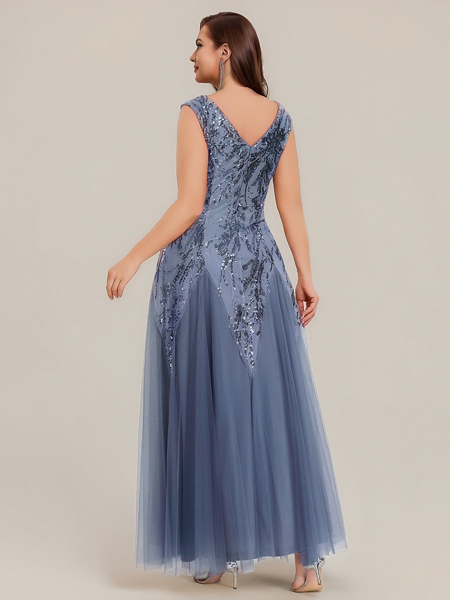 Bodenlanger V-Ausschnitt A-Linie Pailletten Kleid Mit Besticktem Blumenmuster #Farbe_Taubenblau