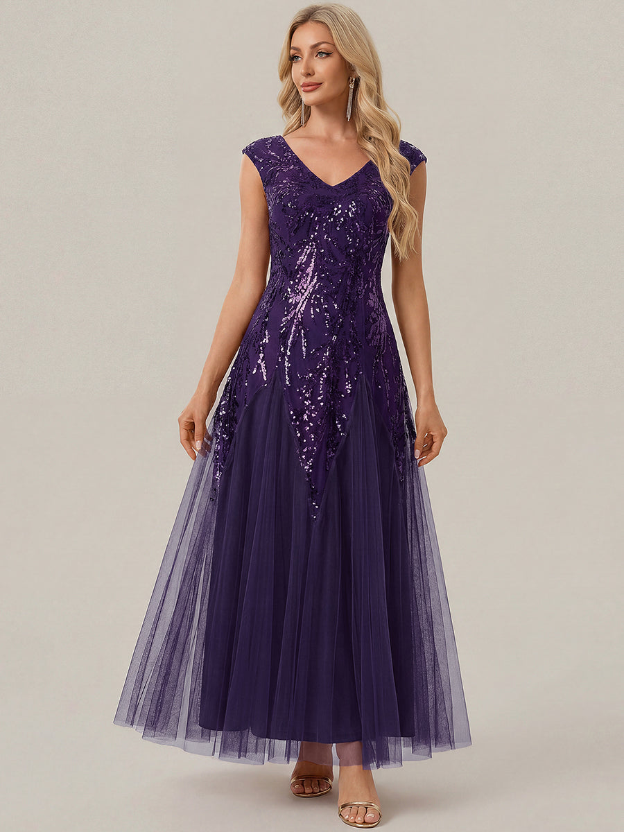 Bodenlanger V-Ausschnitt A-Linie Pailletten Kleid Mit Besticktem Blumenmuster #Farbe_Dunkelviolett