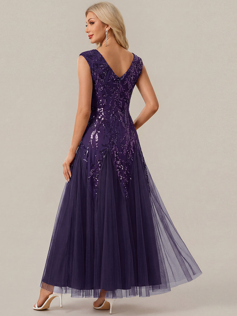 Bodenlanger V-Ausschnitt A-Linie Pailletten Kleid Mit Besticktem Blumenmuster #Farbe_Dunkelviolett
