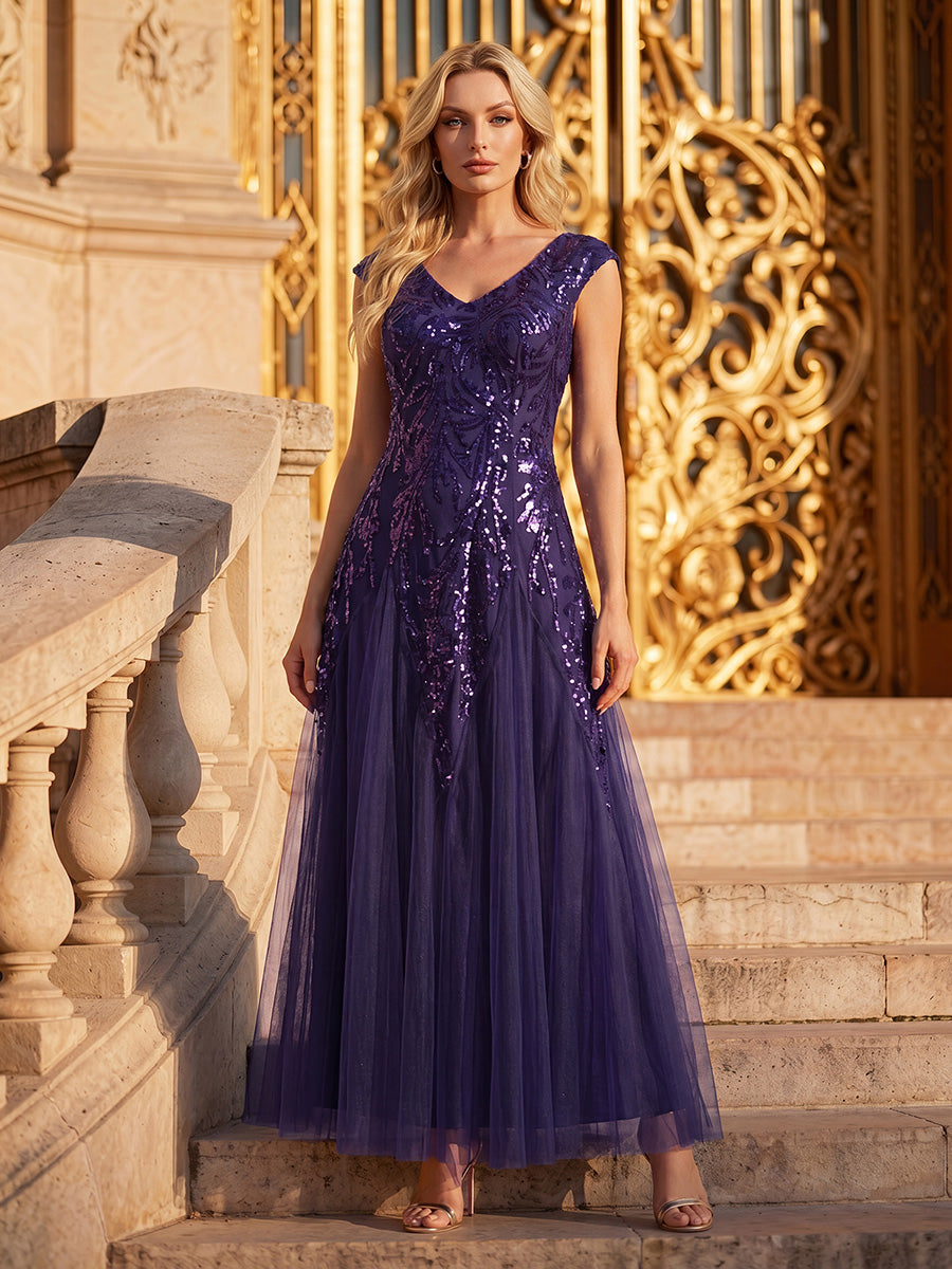 Bodenlanger V-Ausschnitt A-Linie Pailletten Kleid Mit Besticktem Blumenmuster #Farbe_Dunkelviolett