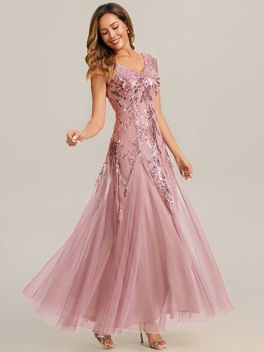 Bodenlanger V-Ausschnitt A-Linie Pailletten Kleid Mit Besticktem Blumenmuster #Farbe_Altrosa