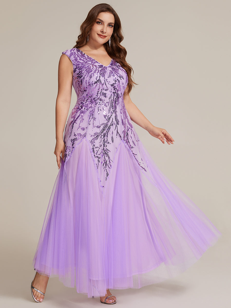 Bodenlanger V-Ausschnitt A-Linie Pailletten Kleid Mit Besticktem Blumenmuster #Farbe_Mattflieder