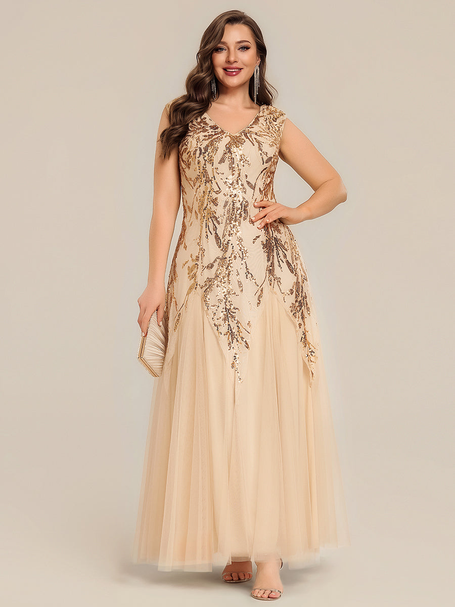 Bodenlanger V-Ausschnitt A-Linie Pailletten Kleid Mit Besticktem Blumenmuster #Farbe_Gold